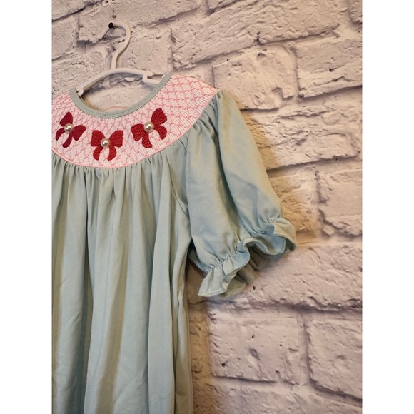 NWT Abby & Evie Girls Smocked Bishop Dress Bows Pearl Accents Size 7 - Picture 4 of 6